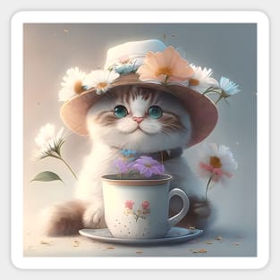 II.Cute cat in a hat with flowers and a cup of tea Sticker